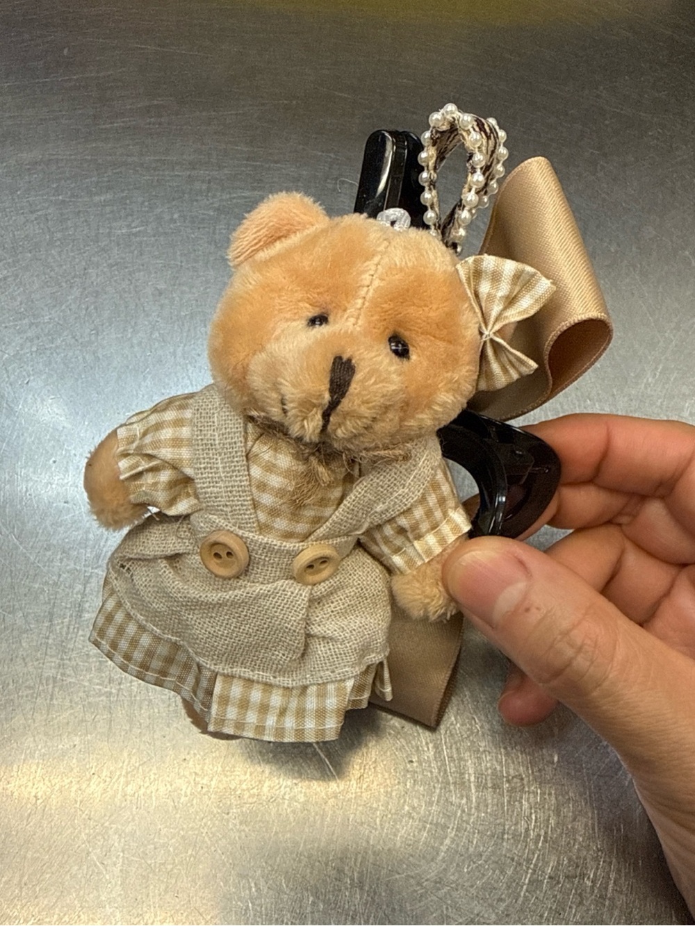 Plush Tan Bear Hair Clip with Gingham Dress and Ribbon